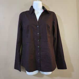 Express Design Studio Womens Top Size M Black Purple Polka Dot Button Up Stretch